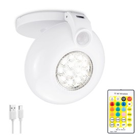 HONGUT Spotlight Indoor Outdoor Battery Operated Motion Sensor Light with Remote 10 Color Changing Rechargeable Motion Sensor Light, Sensor Auto On/Off for Wall Cabinet Closet Mood Lighting