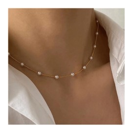 Gold Pearl Necklaces for Women Faux Pearl Choker Necklace Silver Pearl Pendant Necklaces Freshwater Pearl Beaded Choker Necklace Tiny White Pearl Chain Necklace Birthday Gifts Anniversary Mother's Day Gifts for Women Jewelry Gifts. (Gold A)