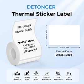 DETONGER Thermal Labels Self-Adhesive Label Sticker Paper for 2 Inch Thermal Label Printers, Ideal for Home Tag/Office/Small Business/Data Sticker/Organizing Use-1.97"x3.15" (50x80mm)100Pcs/Roll White