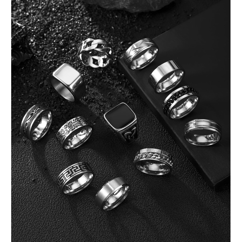 CASDAN 12Pcs Stainless Steel Vintage Signet Rings for Men