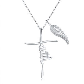 Tufeney Cross Faith Necklace for Women - 925 Sterling Silver Faith Cross Angel Wings Hope Believe Pendant Necklace for Women Christian Religious Graduation Christmas Jewelry Gift