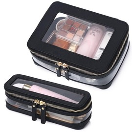 Pinkmik Travel Clear Makeup Bag with Brush Case TSA Approved Toiletry Bag Waterproof Cosmetic Organizer Car Essential for Women (Black, M+SLIM)