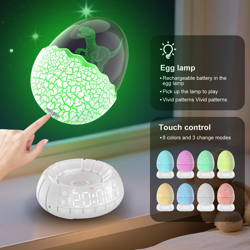 Dinosaur Egg Alarm Clock for Kids, Wake Up Light, Bluetooth