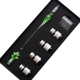 SIPLIV Crystal Glass Intarsia Dip Pen Fountain Pen Kit Vintage Calligraphy Signatures Pen with 4 Colors Ink, Pen Holder, Cleaning Cup, Green