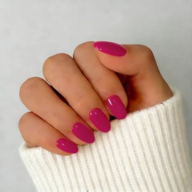 SXVME Uñas postizas cortas de gel suave, 32 piezas, 16 tamaños, rosa fucsia transparente, ovaladas, reutilizables, con pegamento, color almendra fucsi
