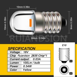 Ruiandsion E10 Screw Base LED Bulb 18V Super Bright Yellow 2835 1SMD Chips LED Bulb for Warning Instrument Light Pack of 2