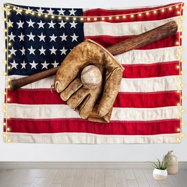 Loccor Baseball Tapestry Vintage Baseball League Equipment Tapestry Bat Glove and Baseball on American Flag Wall Hanging Sport Tapestry for Men Boys Bedroom Wall Decor 80''x60''