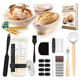Sourdough Starter Kit: 2 Banneton Proofing Baskets-9" Round & 10" Oval+Covers, Dough Whisk, 2 Scraper, Jar with cover, Jar spatula, Feeding Band, Stickers, Thermometer, Chalk Pen, Bread Lame, Brush