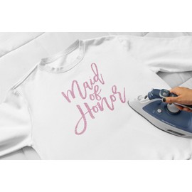 Maid of Honor Iron On Decal, DIY Heat Transfer Applique, Wedding Bridal Party Tshirt Patch, Wedding Bachelorette Party Shirt Graphic, Pick Size Color, Iron-On Almost Anything (Old Gold Glitter)