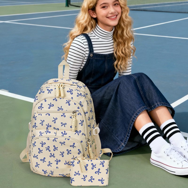 Bow Backpack for Women Kawaii Coquette Nylon Backpack 3Pcs Set