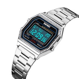 MASTOP Luxury Women Watches Full Steel Electronic LED Digital Fashion Ultra Thin Square Ladies Wrist Watches (Black) (Silver)