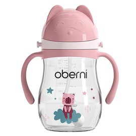 Oberni Tritan Baby Sippy Cup with Spill Proof Weighted Straw and Carrying Strap for 6 + Months Newborn, 12+ Months Infant Toddler Water Drinking Training (Pink, 9oz, 1Pack)