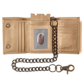 Juzar Tapal Collection Biker's Chain Wallet for Men Trifold RFID Signal Blocking Cow Leather Card Case Key Holder Window ID (J112, Tan)