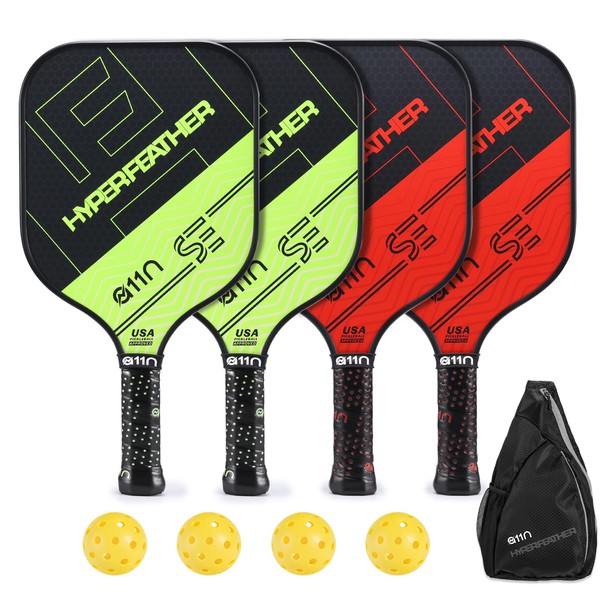 A11N Pickleball Paddles Set of 4 - USAPA Approved | 8OZ, Graphite Face & Polymer Core, Cushion Grip | 4 Balls, 1 Sling Bag, Red & Green