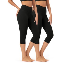 ODODOS 2-Pack Buttery Soft Lounge Yoga Capris for Women 19" High Waist Non See Through Capri Leggings, Black+Black, Large