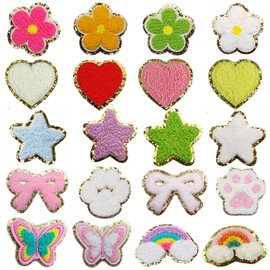Joynaamn 20 PCS Iron on Patches for Clothing, Colorful Chenille Decorative Patches with Sequin Edges in Assorted Designs, Heart Butterfly Flower Rainbow Star