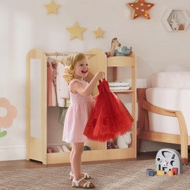 HONEY JOY Kids Dress up Storage with Mirror, Wooden Children Costume Wardrobe Closet, Open Hanging Toddler Armoire, Pretend Play Baby Dresser for Bedroom Playroom, Gift for 2+ Years Old (Natural)
