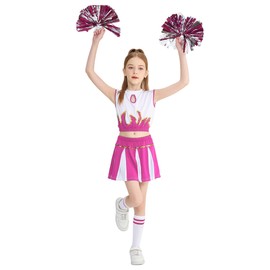 LOLANTA Girls Cheerleader Costume Cheerleading Children Dress Outfit Uniform with PomPoms(Pink, 8-9 years, Tag Size 140)