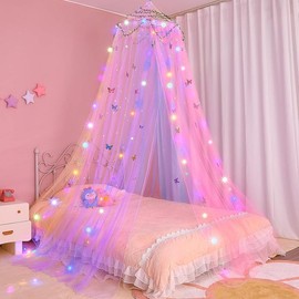 Bed Canopy for Girls Room Bed Canopy Curtains with Led Lights Mosquito Net DIY Princess Room Decor with Stars Butterflies for  Bedroom, White - Color: Rainbow