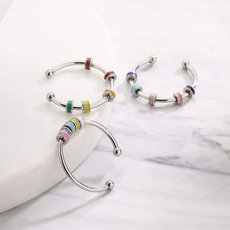 2 Pcs Stainless Steel Finger Rings,Multicolor Relief Spinner Rings (blue+white)