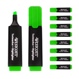Westcott Highlighter Pens Pack of 10 Green | Pack of 10 Highlighter Markers in Bright Green | 2-5 mm Line Width | Premium Ink from Germany | E-743694 00