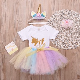 BOEBNOZCV Toddler Baby Unicorn 1st Birthday Outfit Newborn Baby Girl Party Romper Bodysuit+ Tutu Skirt Dress Clothes Set (0-6 Months, Unicorn One)