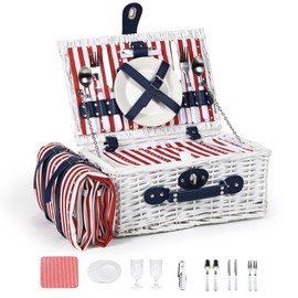 Wicker Picnic Basket for 2 with Waterproof Picnic Blanket and Insulated Bag, Patriotic Red White and Blue Star Pattern for Soccer Game, Camping, Travel, Birthday Gift, Wedding Gift