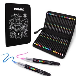 POMAC 36 Colors Acrylic Paint Markers, Water-Based Acrylic Pens Brush Tip, Art Drawing Liquid Paint Pens for Fabric, Canvas, Rock, Glass, Wood, Paper, DIY Crafts and Art Supplies