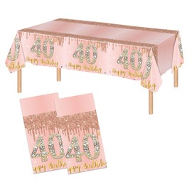 2 Pcs 40th Birthday Tablecloth Pink Rose Gold 40th Birthday Table Cover Happy 40th Birthday Decorations for Women Plastic Disposable 40th Birthday Table Cloth 40th Birthday Party Supplies (54"x108")