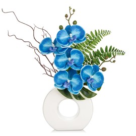 Briful Orchid Fake Flowers 16.1'' Blue Artificial Orchid Silk Flowers with Vase Faux Orchid Arrangement for Home Office Bathroom Desk Modern Decoration
