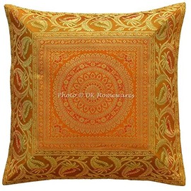 DK Homewares Ethnic Sofa Decorative Cushion Cover 40 x 40 cm Brocade Gold Jacquard Weave Cushion Covers Boho Style Zip Mandala Bohemian Square Cushion Cover - 1 Piece (Cover Only)