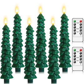 Lezonic 6Pcs Flameless Christmas Tree Candles with Remote Timer, LED Taper Candles Battery Operated Flickering Flame, 10 Inches Green Real Wax Window Candlesticks for New Year Xmas Decorations