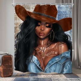 MESHELLY Western Black Girl Shower Curtain 60Wx72H Modern African American Shower Curtain Cowgirl Motivational Quotes Vintage Black Women Bathroom Curtain Cool Bathroom Decor Fabric with 12 Hooks