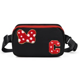 Chenille Initial Bow Mouse Fanny Pack, Park Crossbody Bag Christmas Birthday Gifts for Teen Girls Daughter Bestie Women Kids Adults, Black Cute Belt Bag Must Haves for Park Travel Running Letter C