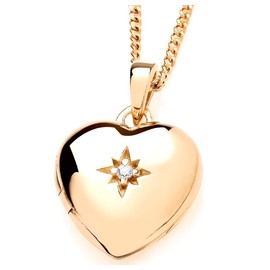 Old English Jewellers 9ct Yellow Gold on Silver Cubic Zirconia Heart Photo Locket Pendant Necklace + 16 18 20 inch Chain (20)