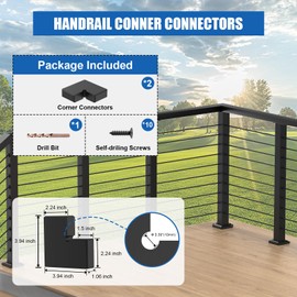PLANTOP Flat Handrail Corner Connectors, 90 Drgree Black Handrail Accessories with Screws, High Strength POM Deck Stair Cable Railing Handrail Connector, MY02-C
