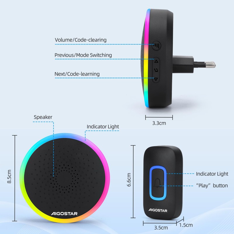 Aigostar Wireless Bell with RGB Light, IP55 Waterproof Outdoor Door