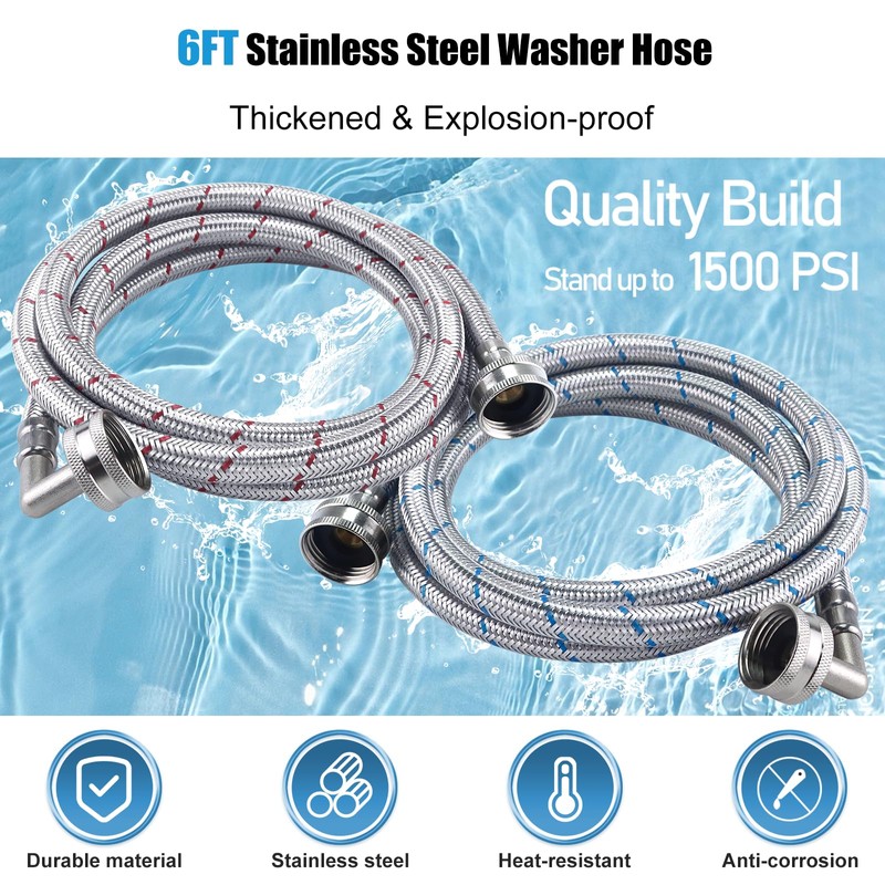 6FT Premium Stainless Steel Washer Hoses with 90 Degree Elbow