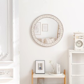 fuxuiwy 20" Round Rustic Mirror Wooden Frame Circle Mirrors, Distressed Wall Mounted Mirror for Bathroom, Bedroom, Living Room, Entryway, Fireplace, Hall