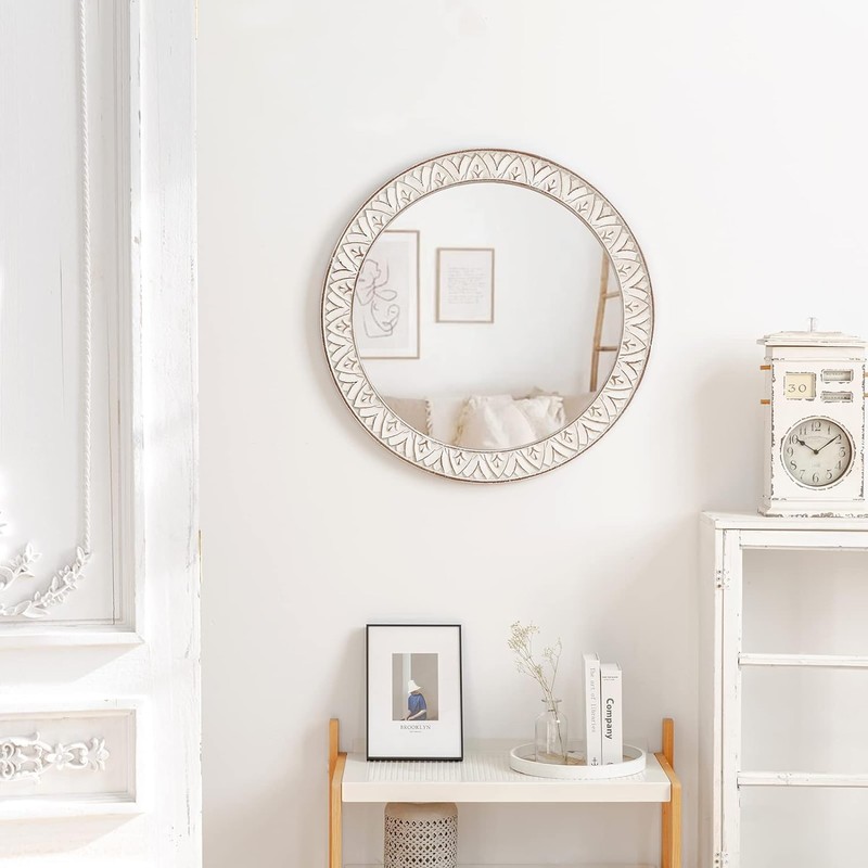 fuxuiwy 20" Round Rustic Mirror Wooden Frame Circle Mirrors, Distressed
