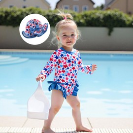 Toddler Baby Girl One-Piece Rash Guard Swimsuit 4th of July Swimwear Long Sleeve Zipper Ruffle Bathing Suit with Hat (B-Red, 12-18 Months)