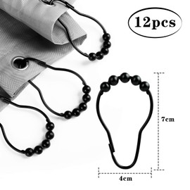 LIHAO - 12 Ganchos Cortina Baño Acero Inoxidable Aros Cortina Ducha Metal con Sistema de Deslizamiento, 12 Ganchos únicos, 69 x 39 mm (Negro)