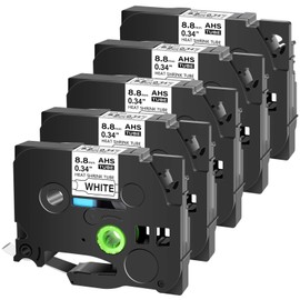 Cruxer 5 Pack Label Tape Compatible for Brother HSe-221 HSe221 HS-221 HS221 Heat Shrink Tube, Black on White for PT-E300 PT-E500 PT-P710BT P700 PT-P750WVP P900 Label Printer (0.34'' 8.8mm)
