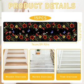 InIsaJace Non-Slip Carpet Stair Runner 8" X 30", 15 Pack Flower Stair Treads for Wooden Steps, Floral Washable Self Adhesive Rugs Staircase Mats for Kids Elders and Dogs Indoor