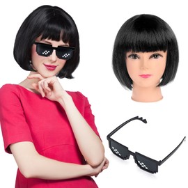 Ladies Short Bob Hair Wig, Costume Cosplay Wigs Daily Party Hairpiece for Women Girls, Bob Colorful Wigs Fancy Dress Accessory for Disco Bachelorette Party Night Club, with Sunglasses, Red