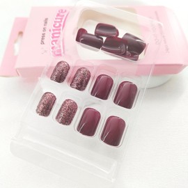 Square Press on Nails Short Burgundy Fake Nails Golden Glitter Fall Acrylic Nails Press ons Reusable Glue on Nails for Women and Girls Daily Wear 24 Pcs