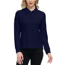 JINSHI Workout Sports Leisure T-Shirt Women Long Sleeves Moisture Wicking Polo Shirts Breathable Ladies Fall Tops Navy Blue L