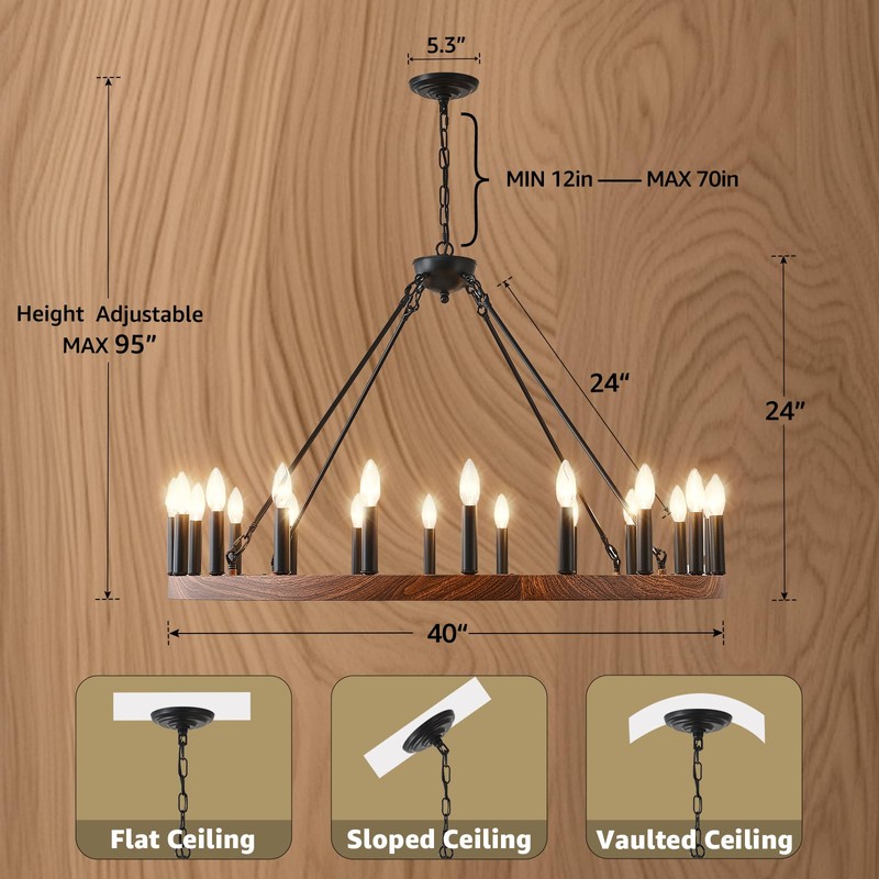 VBKK Wagon Wheel Chandelier 40” with Wood Grain Finish, 20-Light