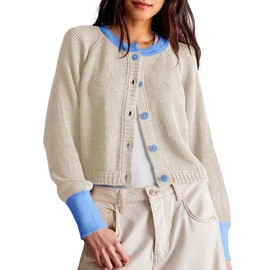 Saodimallsu Womens Cropped Cardigan Sweaters Button Down Open Front Long Sleeve Fall Trendy Color Block Knit Coats Apricot