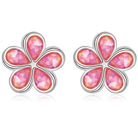 Silver Stud Earrings for Women Girls, Hypoallergenic 925 Sterling Silver Flower Earrings | Fashion Cute Simulated Pink Opal Earrings Jewellery Gift for Ladies Kids Daughter Mother Birthday Christmas